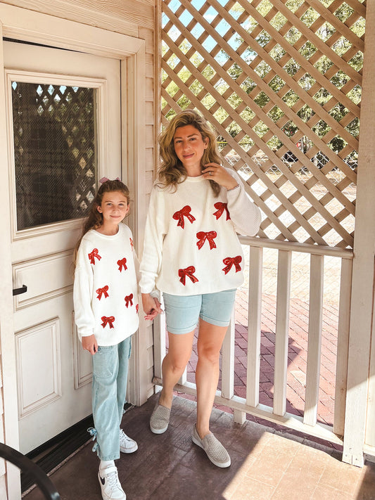 Mommy & Me Winter Girls Bow Sequins Pullover Sweater -