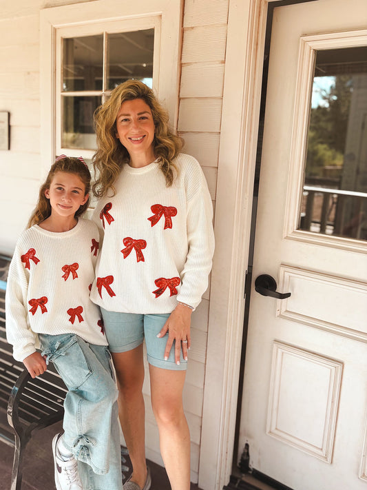 Mommy & Me Winter Girls Bow Sequins Pullover Sweater -