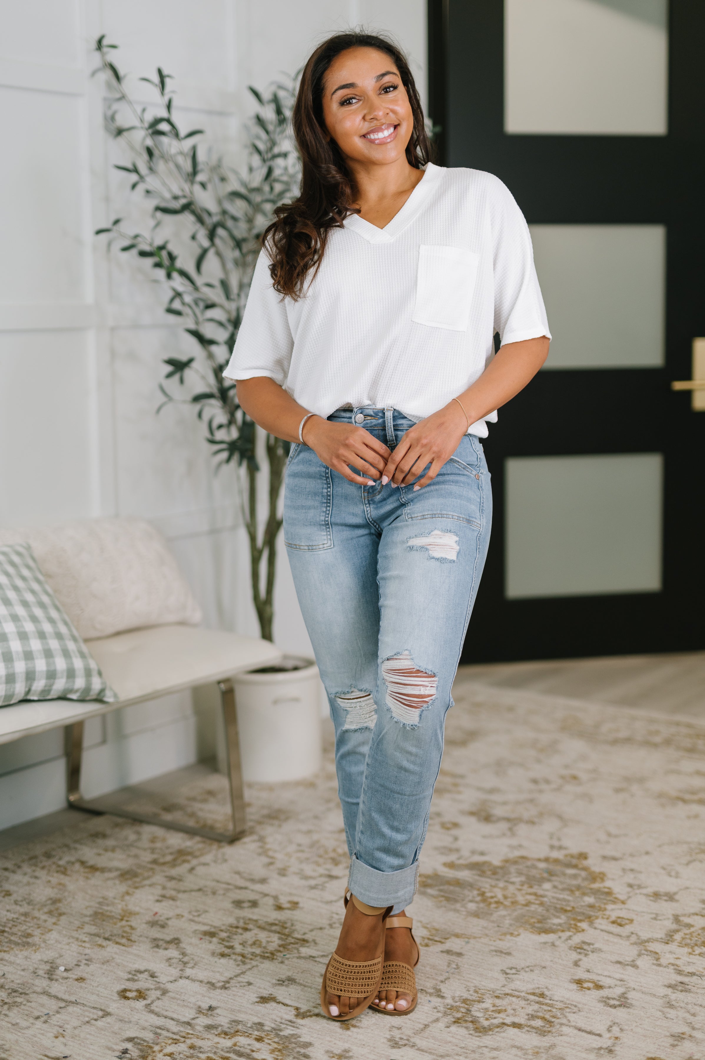 Aiden High Rise Patch Pocket Distressed Boyfriend Jeans in - Denim photo