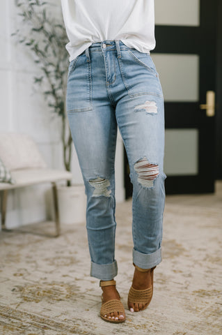 Aiden High Rise Patch Pocket Distressed Boyfriend Jeans in - Denim photo