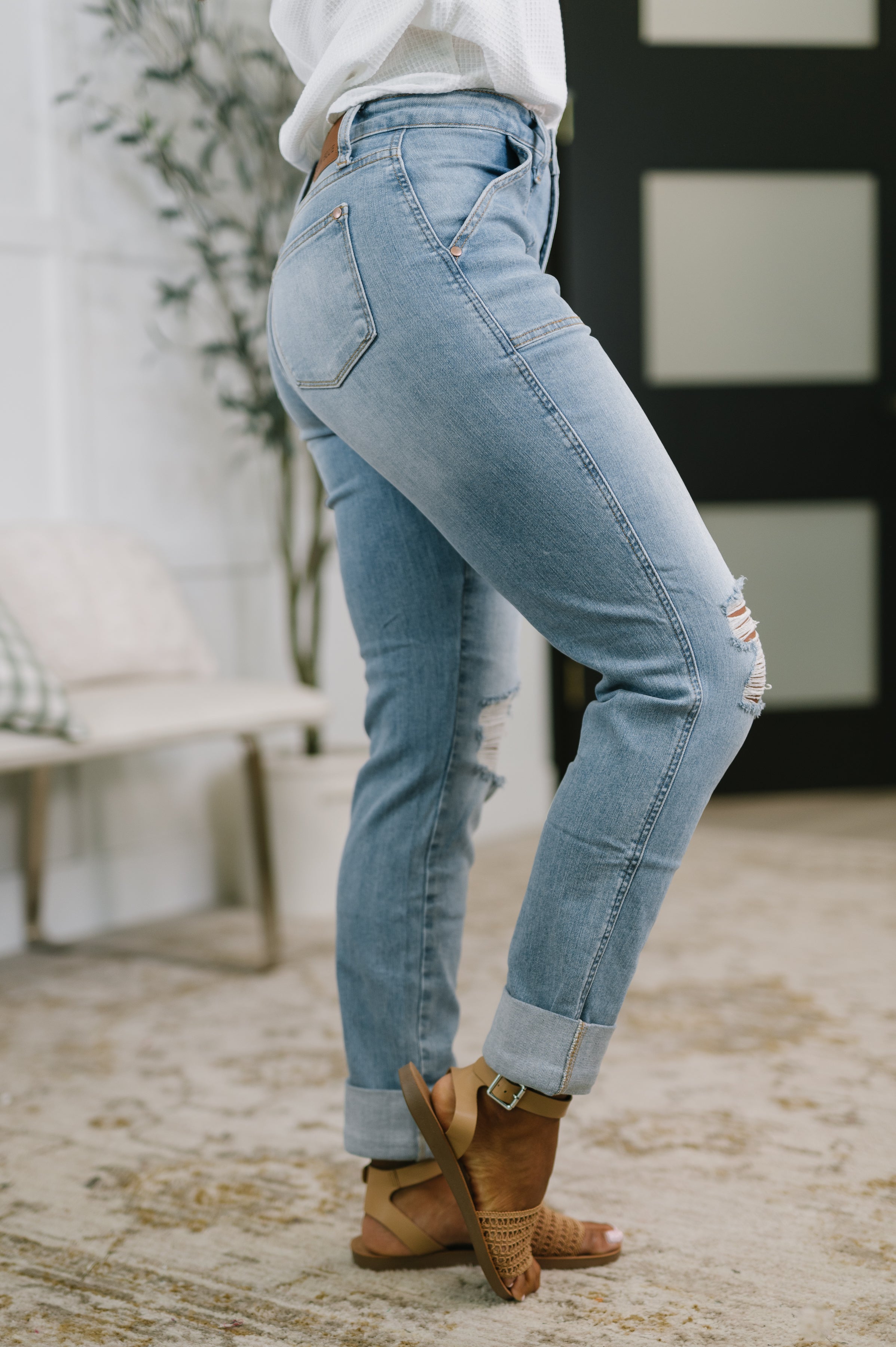Aiden High Rise Patch Pocket Distressed Boyfriend Jeans in - Denim photo