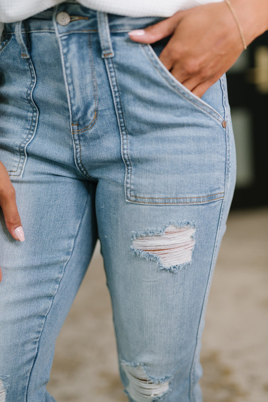 Aiden High Rise Patch Pocket Distressed Boyfriend Jeans in - Denim photo