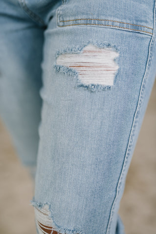 Aiden High Rise Patch Pocket Distressed Boyfriend Jeans in - Denim photo