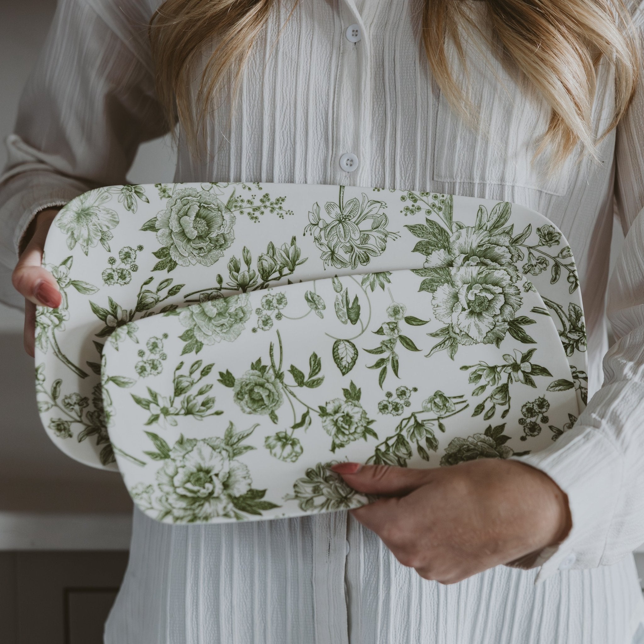 Green Delft Stacking Melamine Tray - set of 2 in - SERVING TRAYS photo