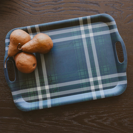 Navy Green Plaid Large Melamine Tray with Handles -