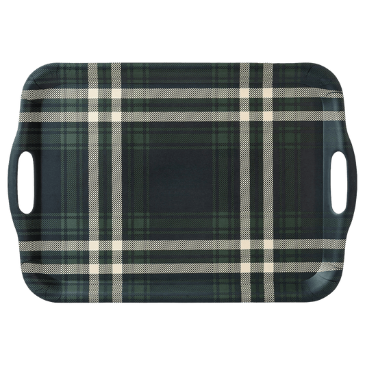 Navy Green Plaid Large Melamine Tray with Handles -