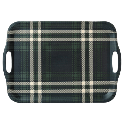 Navy Green Plaid Large Melamine Tray with Handles