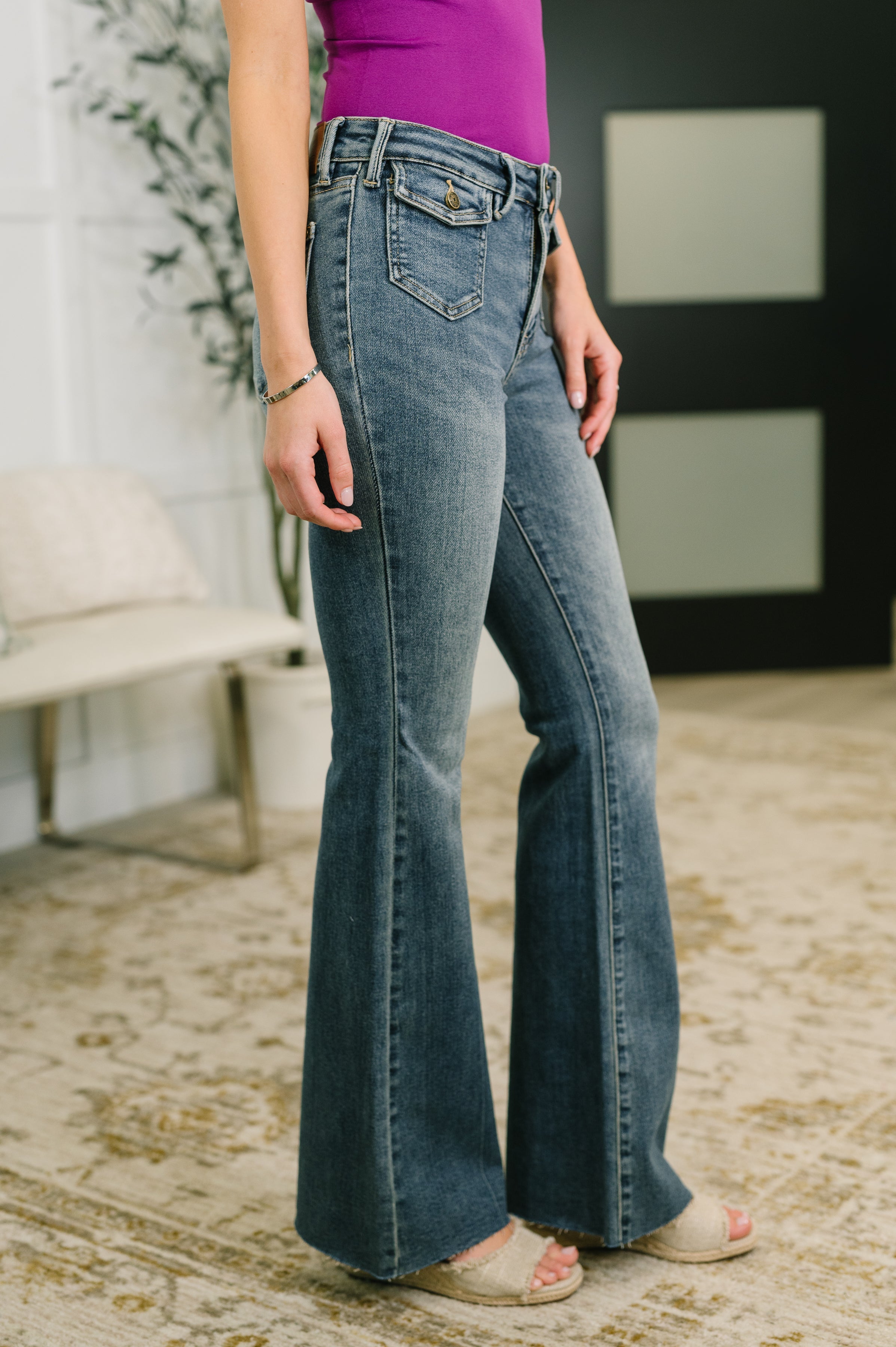 Jackie Mid Rise Flare Jean with Front Flap Pockets in - Womens photo