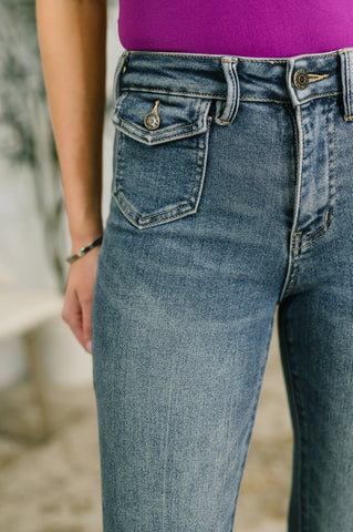 Jackie Mid Rise Flare Jean with Front Flap Pockets in - Womens photo
