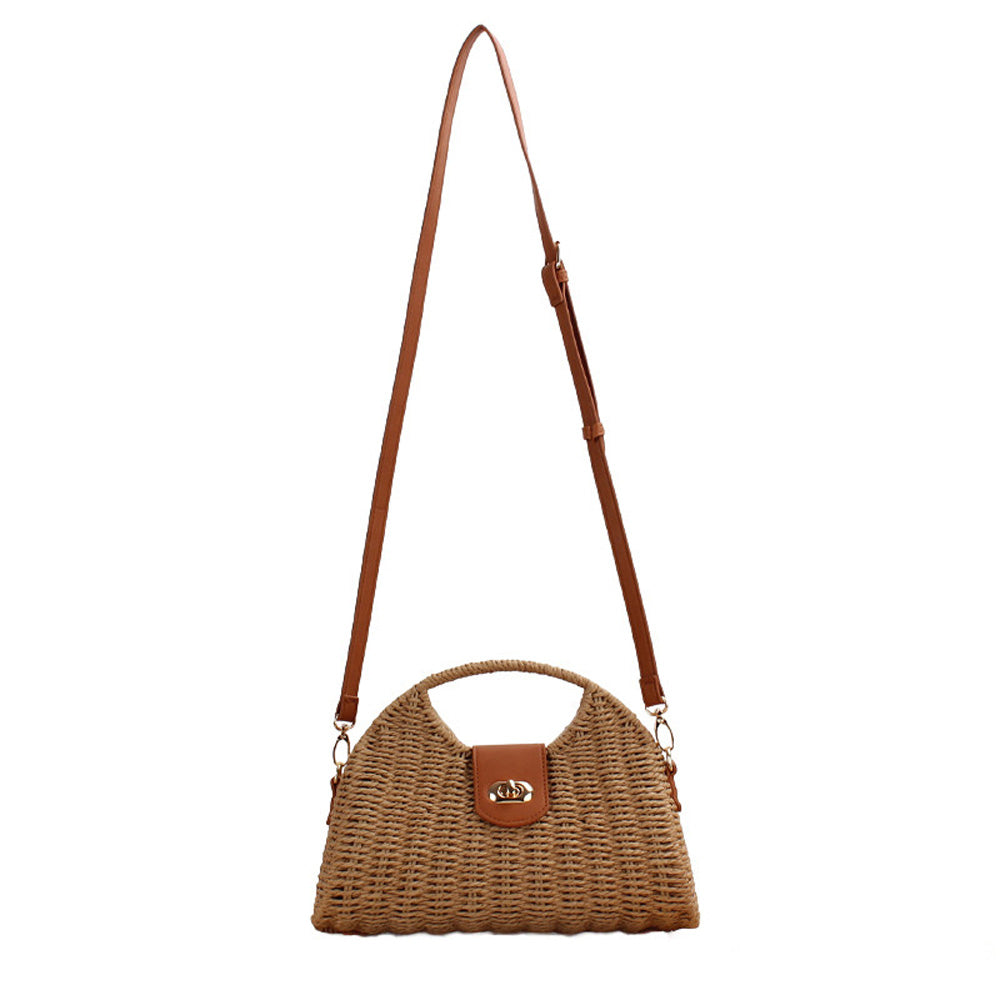 Stella Woven Straw Top Handle Crossbody Bag in Khaki - photo