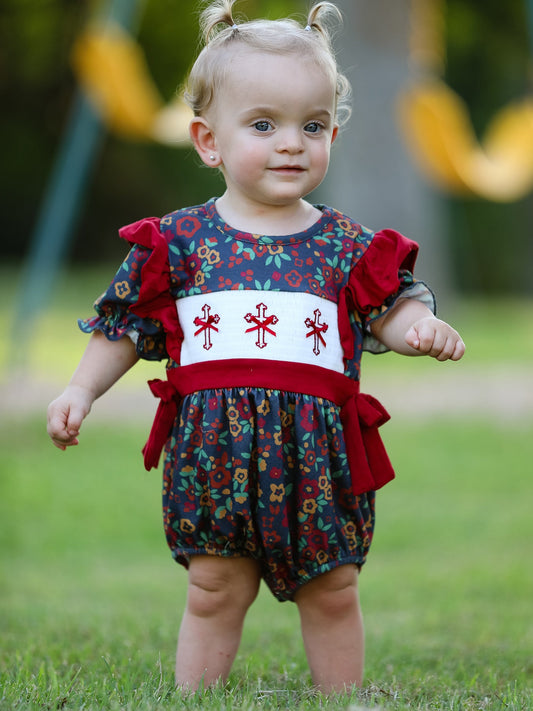 Vintage Floral Smocked Church Christ Bishop Christening Baby Girl Romper -