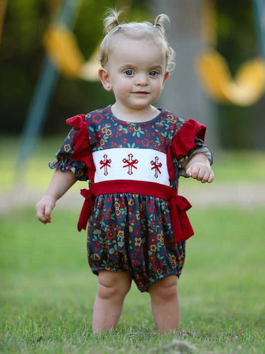 Vintage Floral Smocked Church Christ Bishop Christening Baby Girl Romper -