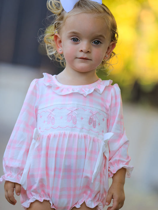 Fall Pink Plaid Ruffle Ballet Shoe Embroidery Long Sleeve Romper -