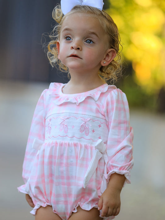 Fall Pink Plaid Ruffle Ballet Shoe Embroidery Long Sleeve Romper -