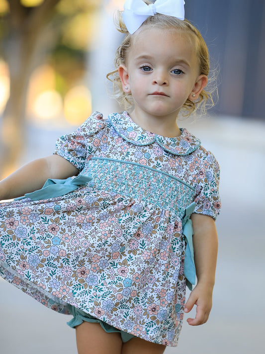 Sage Green Floral Smocked Girl Bloomer Set -