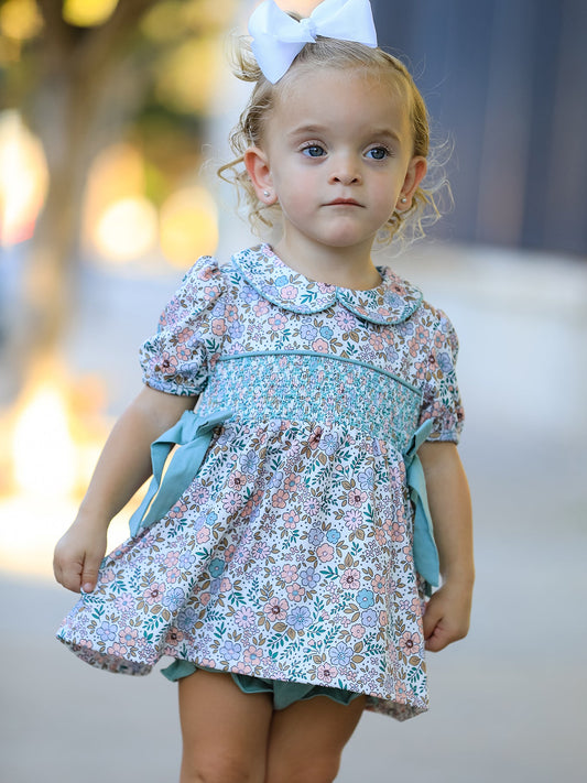 Sage Green Floral Smocked Girl Bloomer Set -
