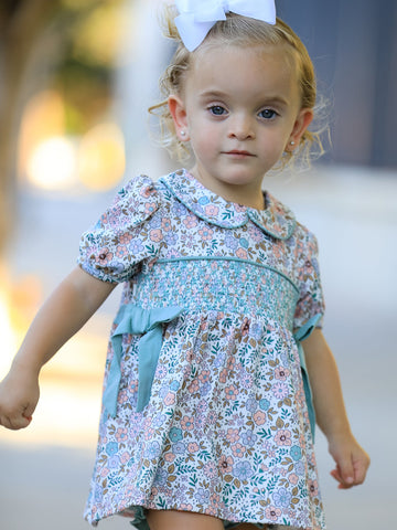 Sage Green Floral Smocked Girl Bloomer Set