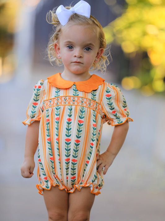 Fall Floral Stripe Baby Girls Romper Petals Collar Smocked -