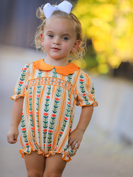 Fall Floral Stripe Baby Girls Romper Petals Collar Smocked -