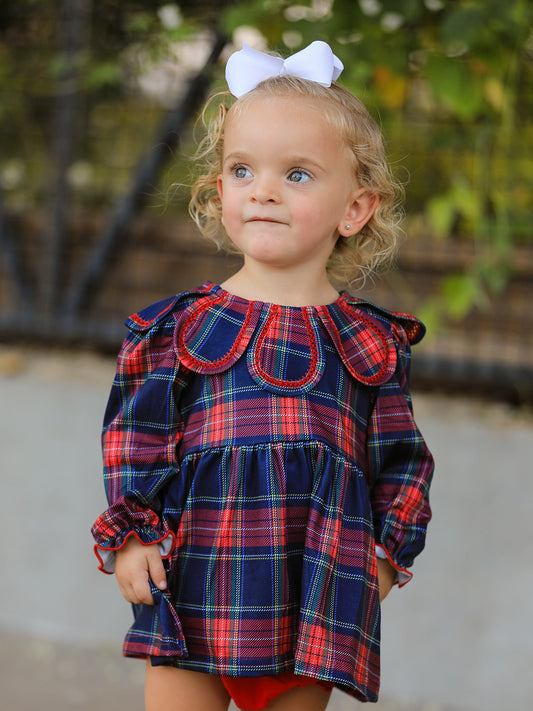 Fall Plaid Girl Set Petal Collar Puff Sleeve Bloomer -