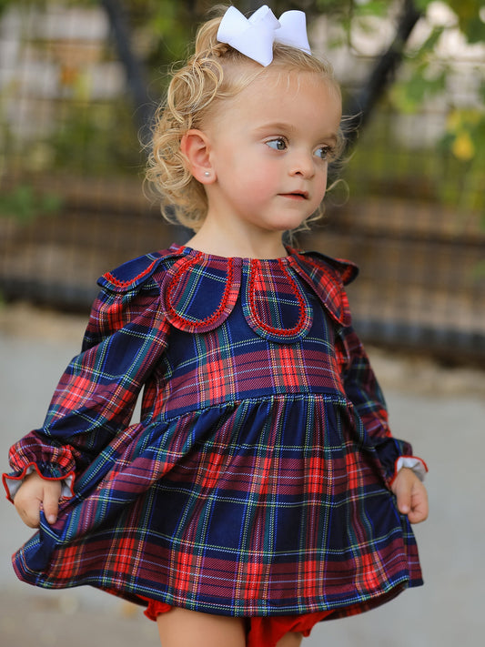Fall Plaid Girl Set Petal Collar Puff Sleeve Bloomer -