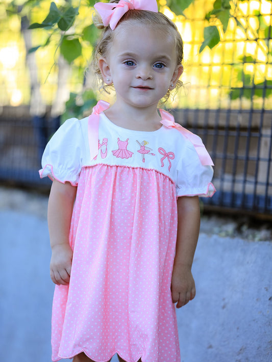 Fall Pink Ballet Embroidery Bow Polka Dot Dress -