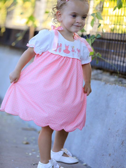 Fall Pink Ballet Embroidery Bow Polka Dot Dress -