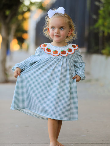 Halloween Thanksgiving Pumpkin Embroidery Girls Dress Peter Pan Collar