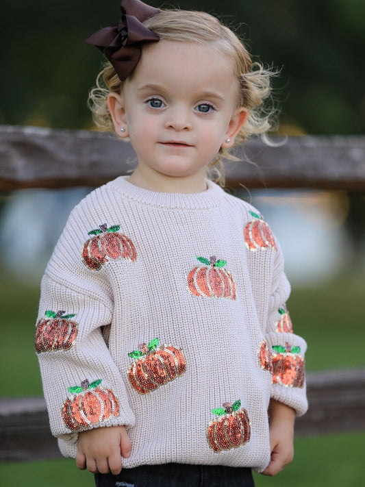 Thanksgiving Pumpkin Sequin Sweater – Beige, Perfect for Fall -
