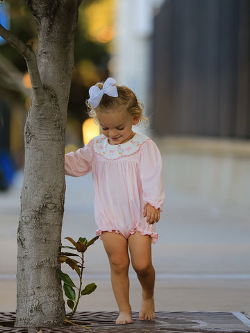 Pink Goose Embroidered Baby Girl Romper Ruffle Collar