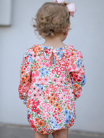 Fall Halloween & Thanksgiving Pumpkin Bow Smock Embroidered Floral Baby Girl Romper