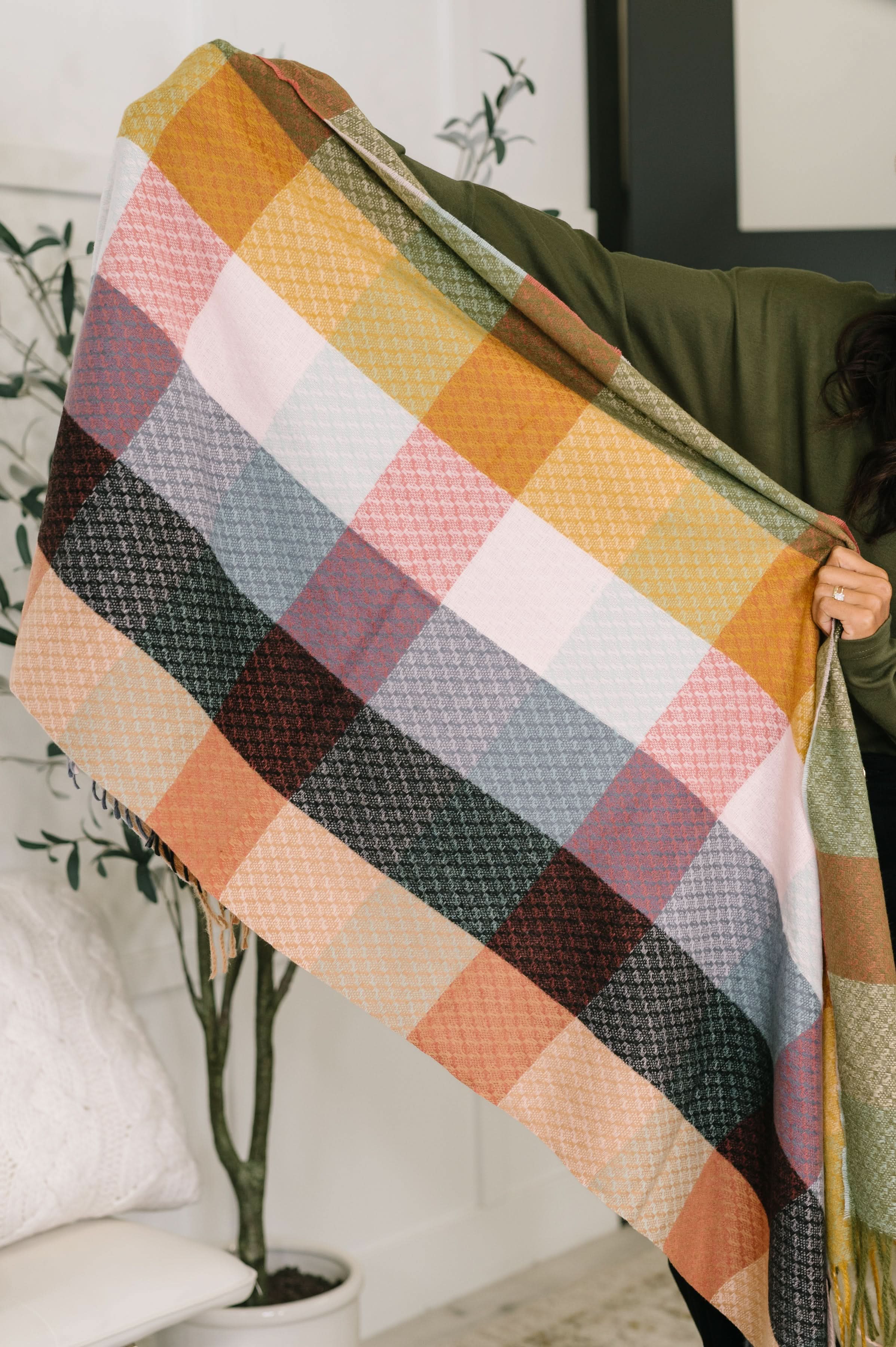 Keep Me Cozy Checkered Fringe Scarf in Pine and Petals in - Accessories photo