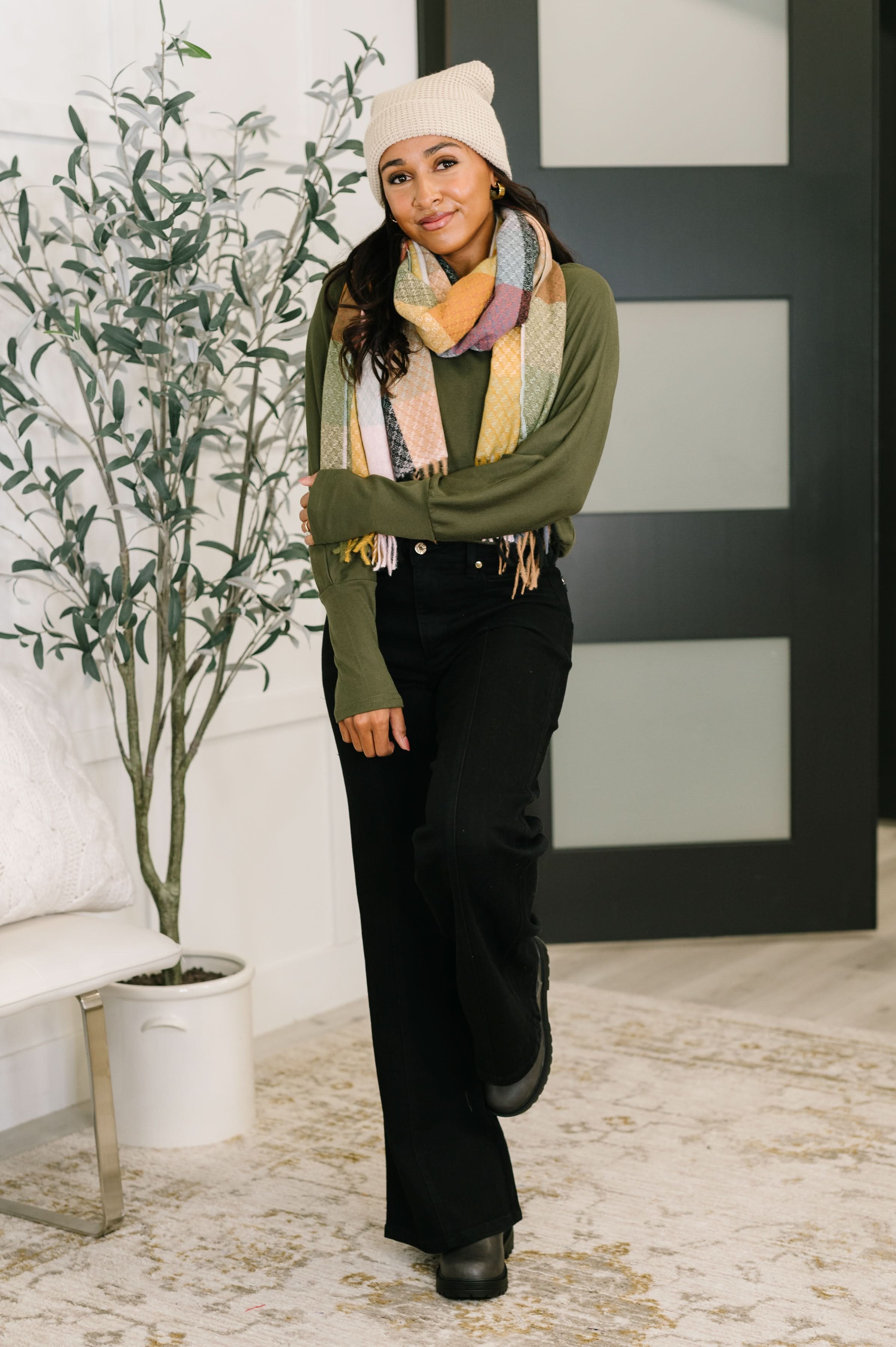 Keep Me Cozy Checkered Fringe Scarf in Pine and Petals in - Accessories photo