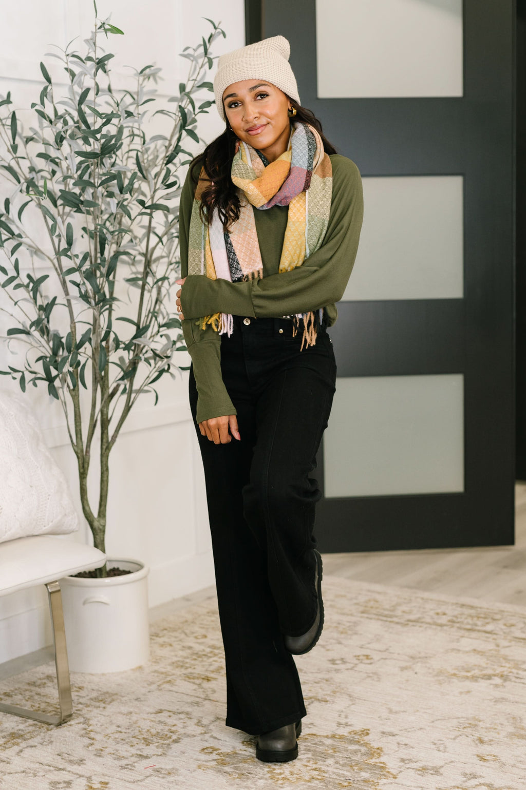 Keep Me Cozy Checkered Fringe Scarf in Pine and Petals in - Accessories photo
