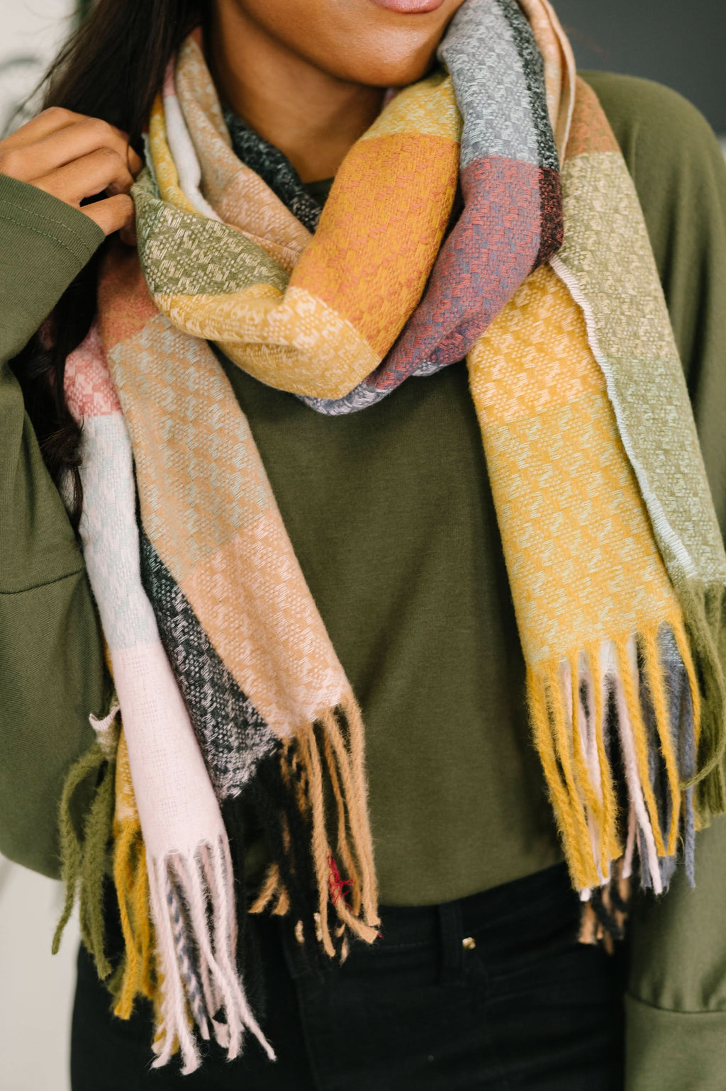 Keep Me Cozy Checkered Fringe Scarf in Pine and Petals in - Accessories photo