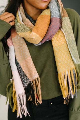 Keep Me Cozy Checkered Fringe Scarf in Pine and Petals in - Accessories photo