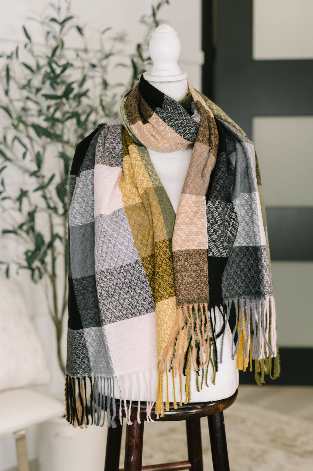 Keep Me Cozy Checkered Fringe Scarf in Woodland Shades in - Accessories photo