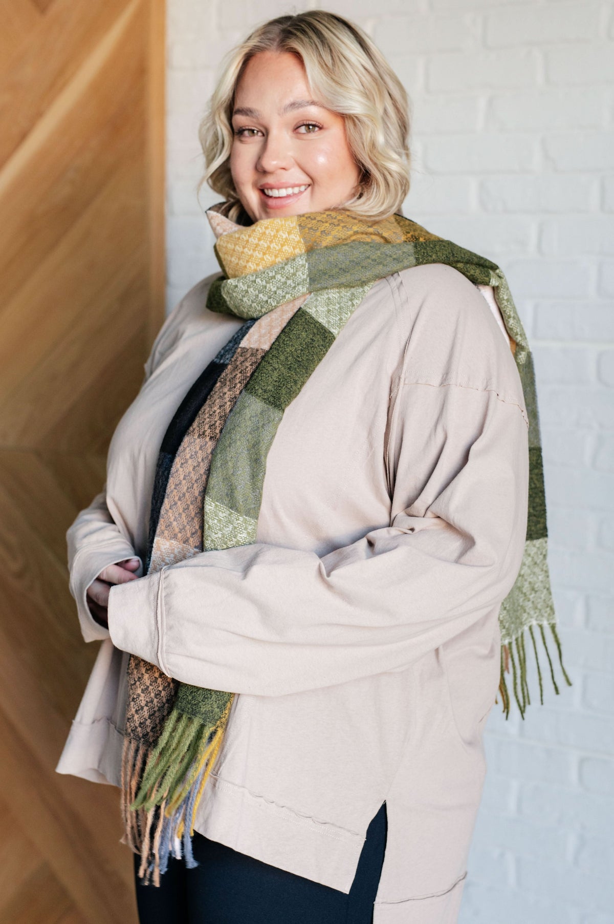 Keep Me Cozy Checkered Fringe Scarf in Woodland Shades in - Accessories photo