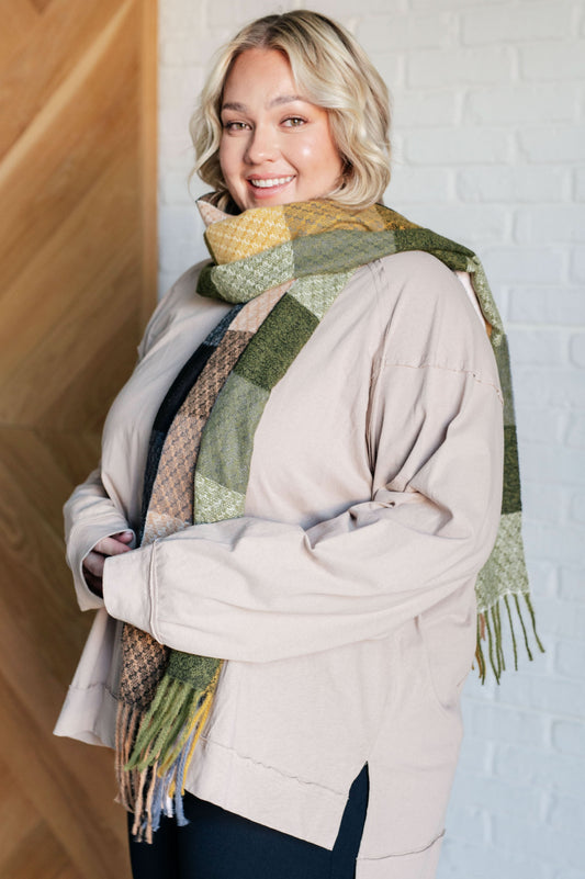 Keep Me Cozy Checkered Fringe Scarf in Woodland Shades in - Accessories photo