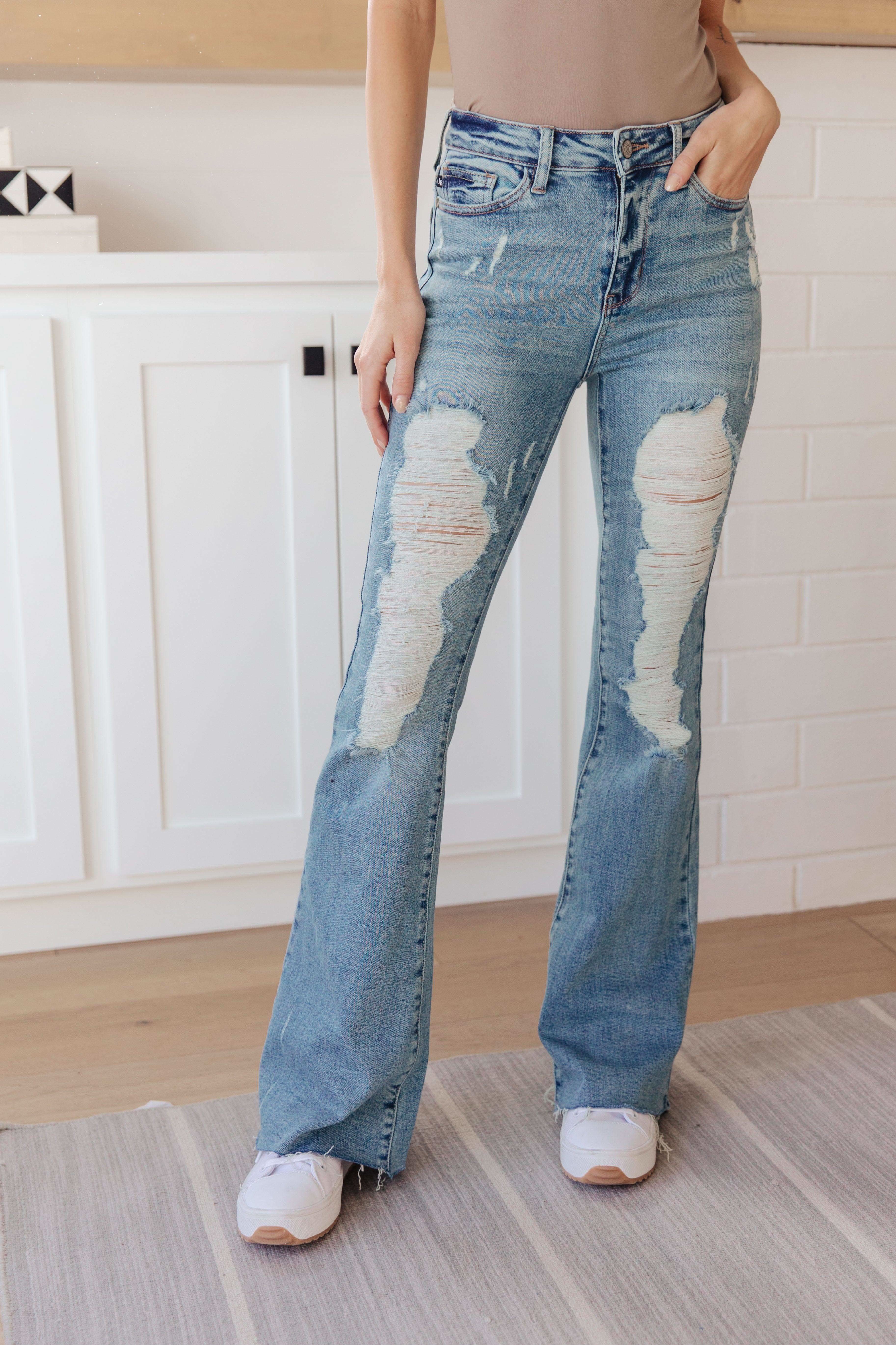 Kiana High Rise Heavy Destroy Flare in - Denim photo