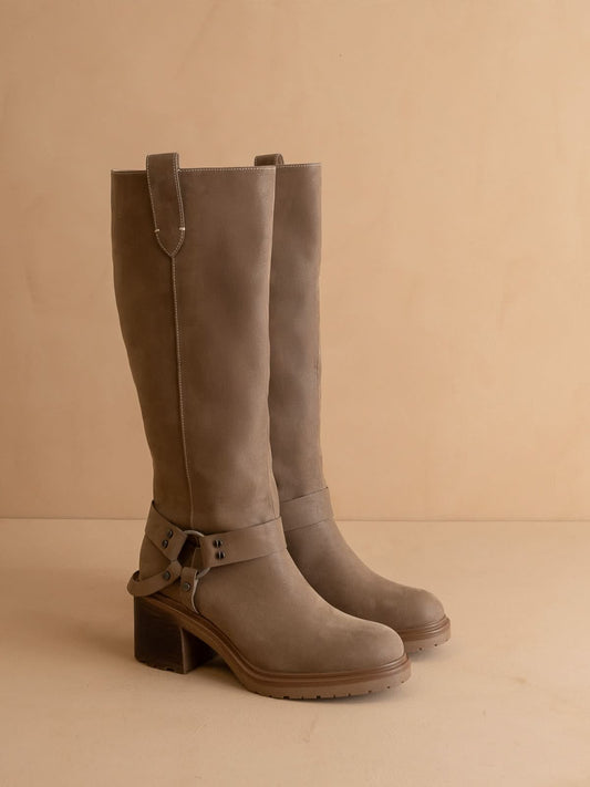 The Leanne | Dark Taupe Moto Knee High Boot in Dark Taupe - BOOTS & BOOTIES photo