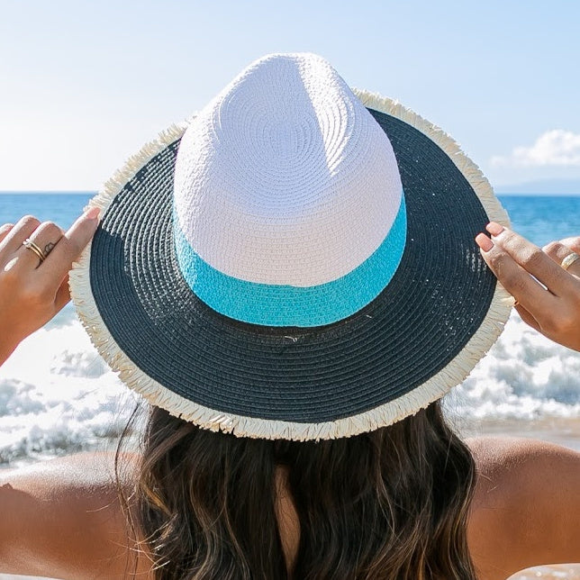 Fray Edge Color Block Panama Hat in Black Turquoise White - Straw Sunhat photo
