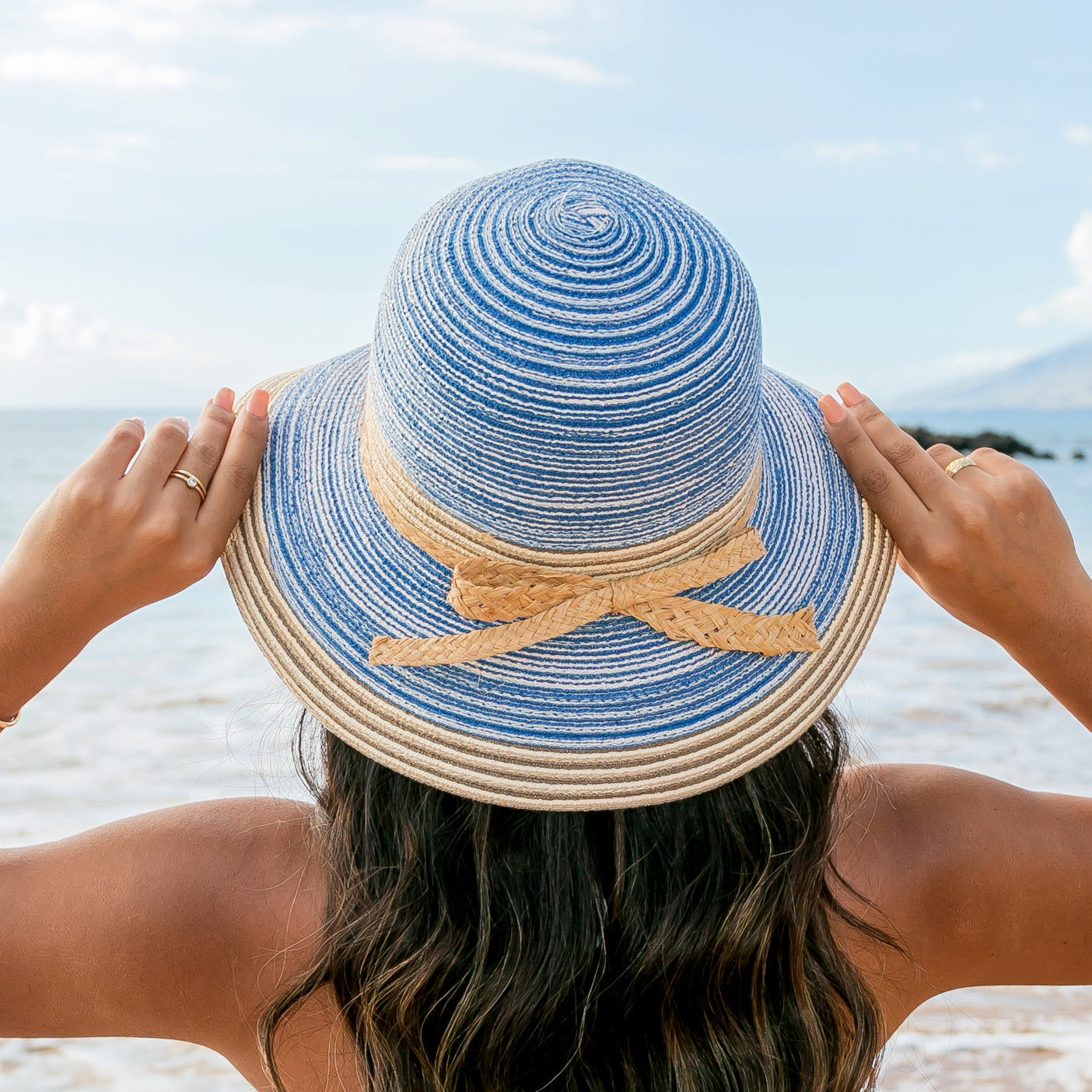 Multi-Stripe Bow Accent Sunhat in Blue - Straw Sunhat photo