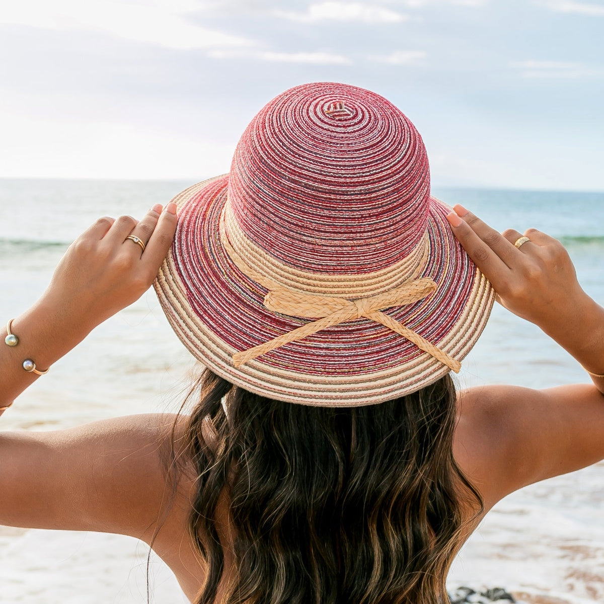 Multi-Stripe Bow Accent Sunhat in Berry - Straw Sunhat photo