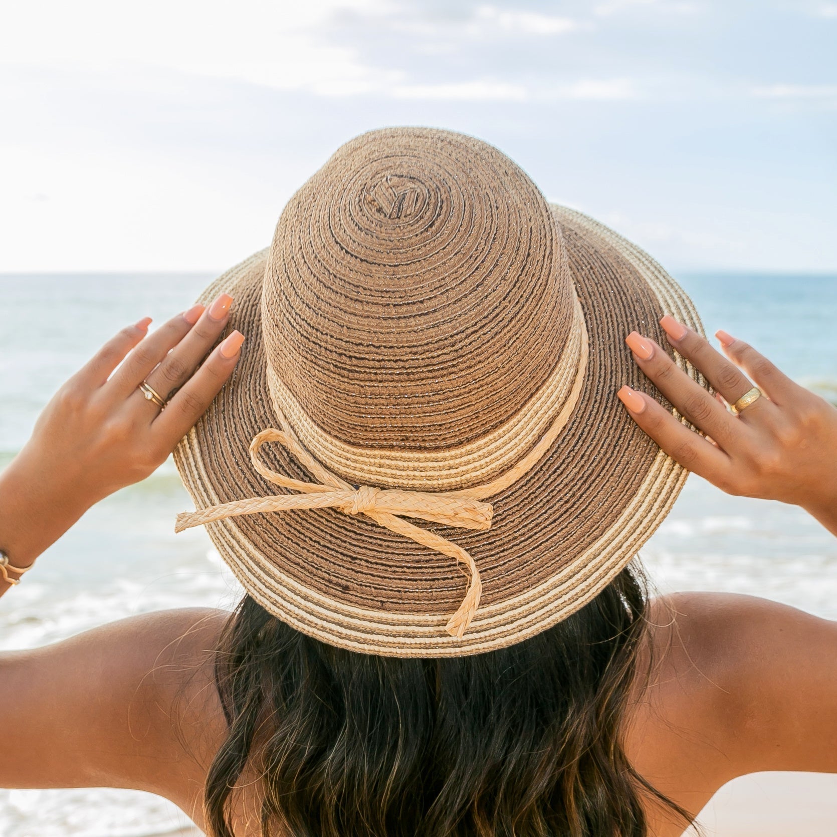 Multi-Stripe Bow Accent Sunhat in Mocha - Straw Sunhat photo
