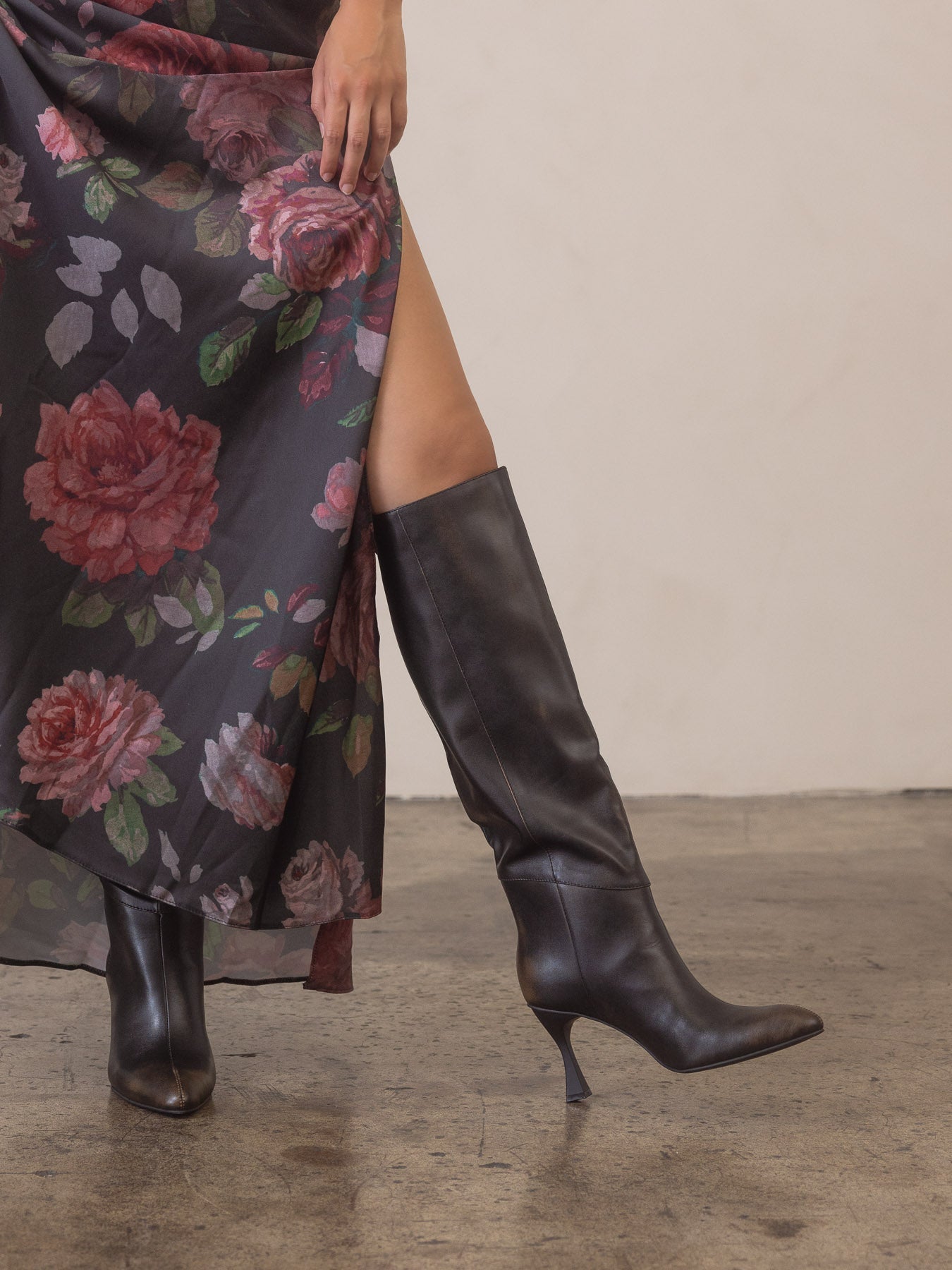 The Lexington | Distressed Black Brown Pointed Toe Knee High Boot in Black - BOOTS & BOOTIES photo