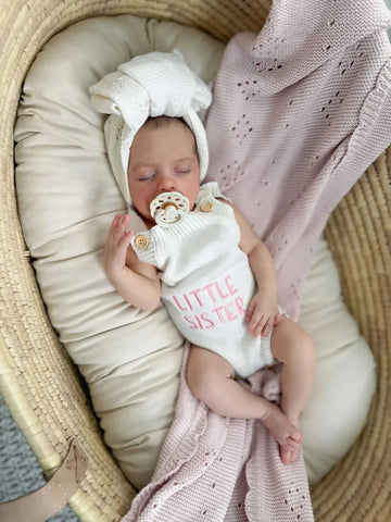 Newborn Knit Romper Set – Hello World, LITTLE SISTER and LITTLE BROTHER Embroidered Baby Outfit with Hat & Booties or Headband | Soft Coming Home Outfit in - Kids clothes photo