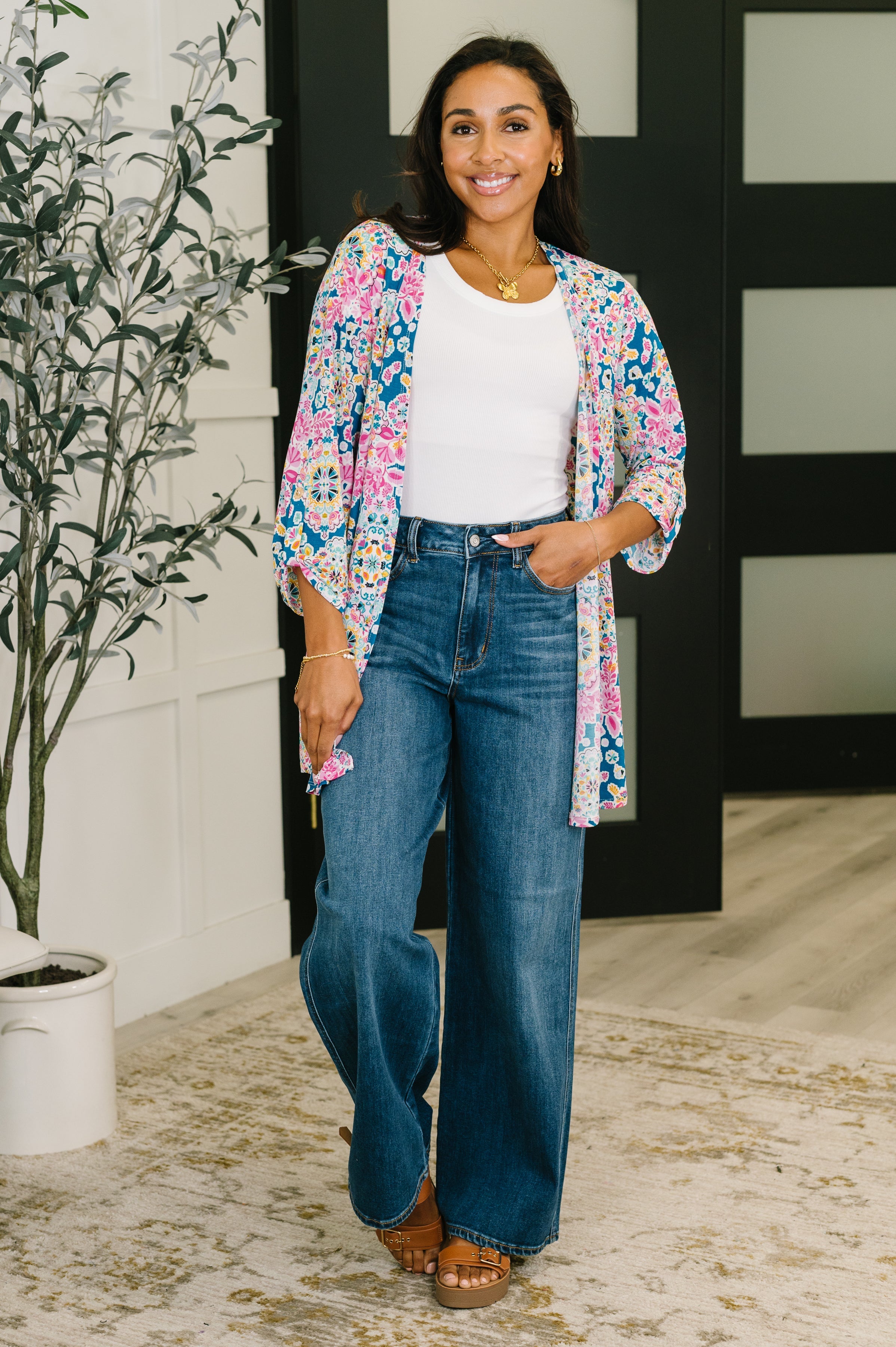 Lizzy Cardigan in Teal and Pink Floral Abstract in - Womens photo