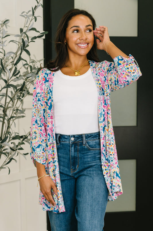 Lizzy Cardigan in Teal and Pink Floral Abstract in - Womens photo
