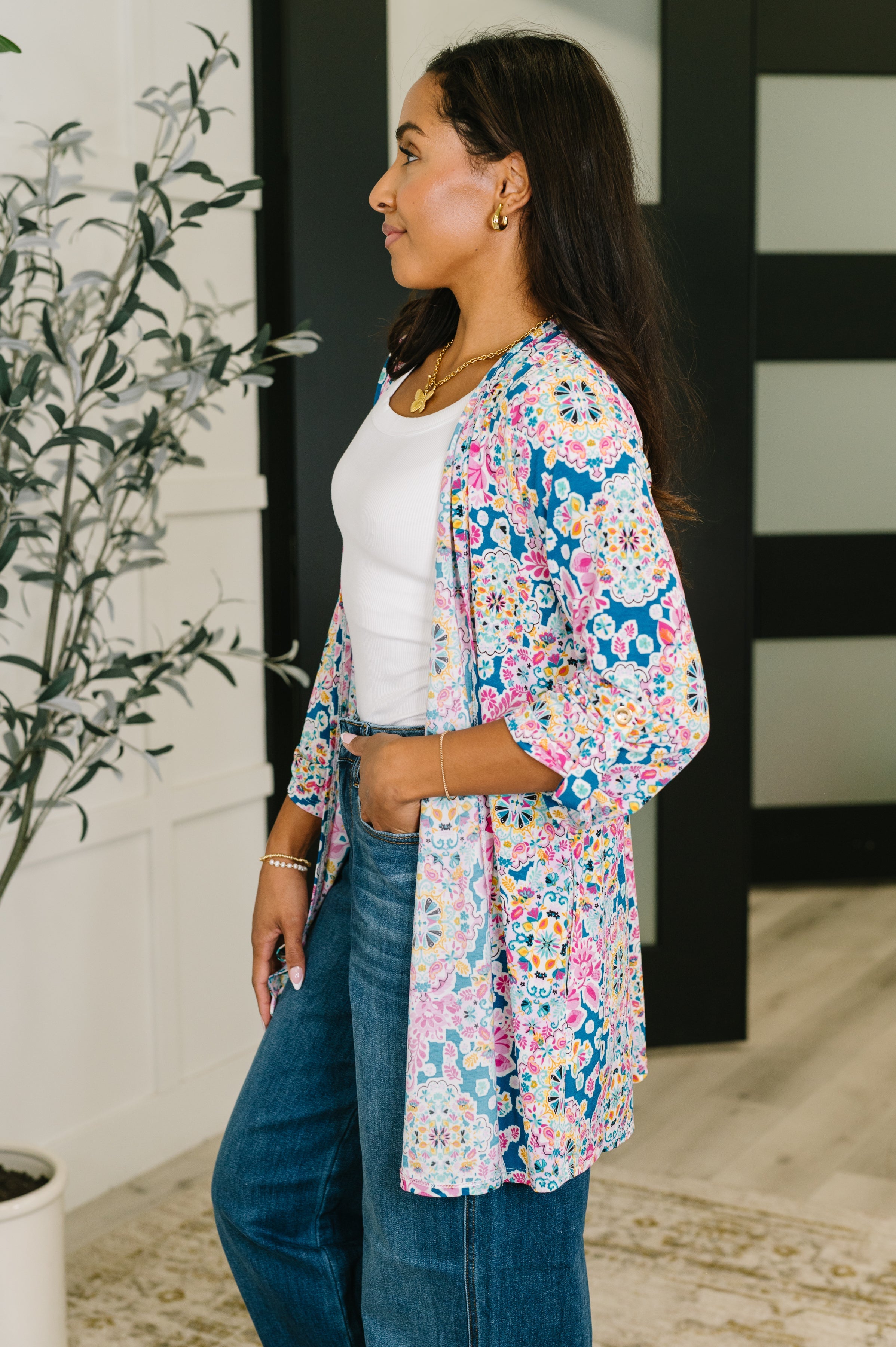 Lizzy Cardigan in Teal and Pink Floral Abstract in - Womens photo